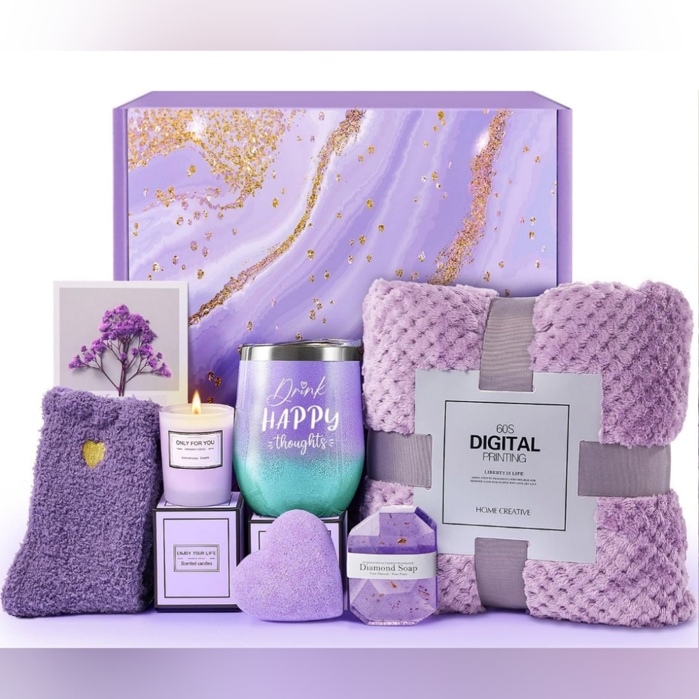 8PCS Relaxing Spa Care Package with Luxury Flannel Blanket [Lavender Scent]